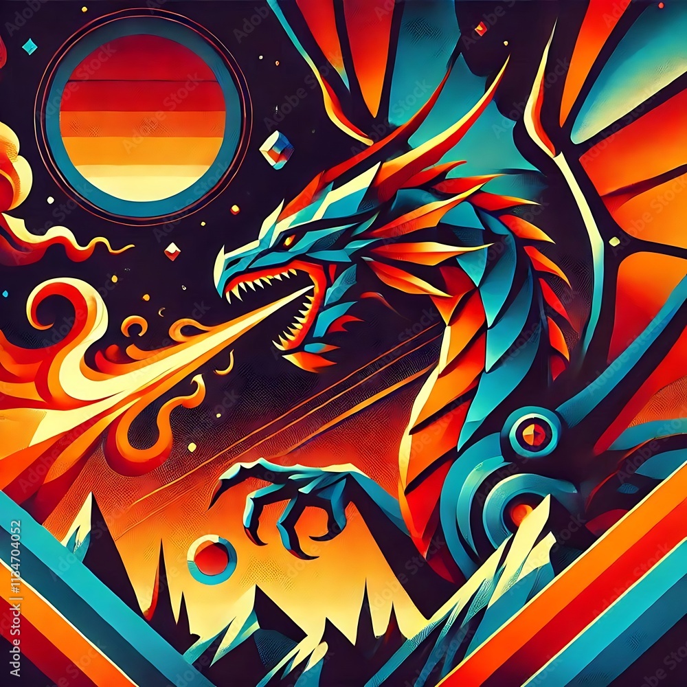 Fototapeta premium Colorful dragon breathing fire in a cosmic landscape.