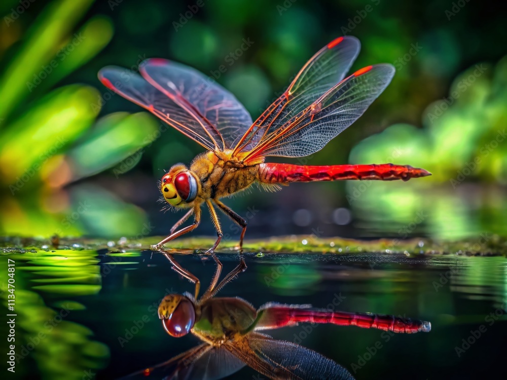 Beautiful Vagrant Darter Dragonfly Male Flying Low Over Dark Water with High Depth of Field Capturing Nature's Grace and Serenity in a Stunning Natural Setting Beautiful Vagrant Darter Dragonfly Male Flying Low Over Dark Water with High Depth of Field Capturing Nature's Grace and Serenity in a Stunning Natural Setting