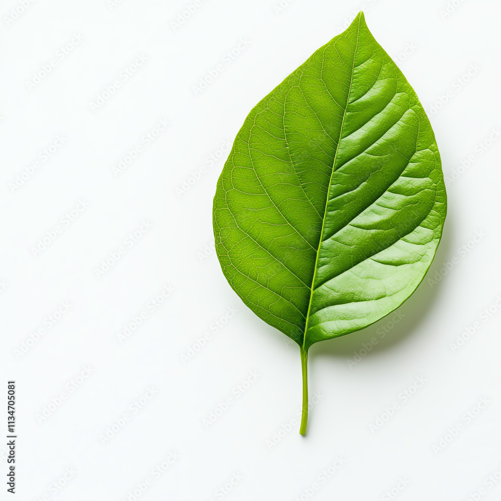 Obraz premium Close-up of a vibrant green leaf against a clean, white background.