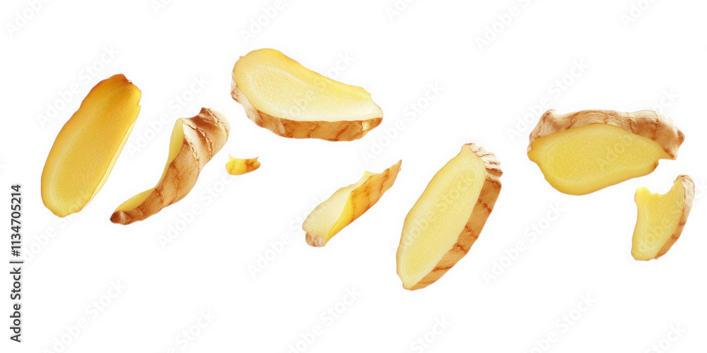 Slices of ginger falling against a black background, on transparent background , png Slices of ginger falling against a black background, on transparent background , png