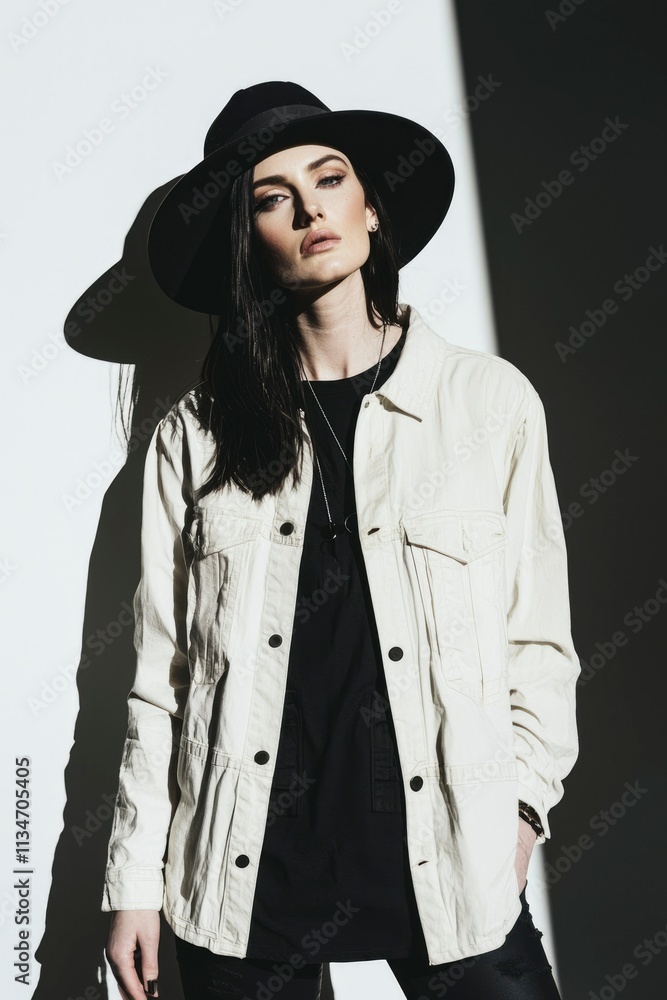 Fototapeta premium Stylish Woman Posing in Hat and Jacket