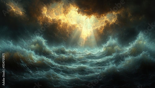 Dramatic Seascape of Noah's Ark Surrounded by Turbulent Waves and Storm Clouds photo