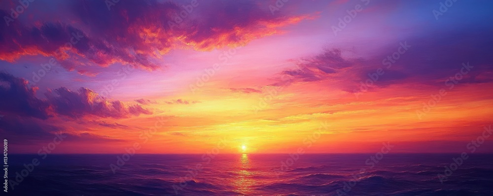 Fototapeta premium Vibrant sunset over ocean with warm colors orange purple dynamic brush strokes peaceful serene evening sky