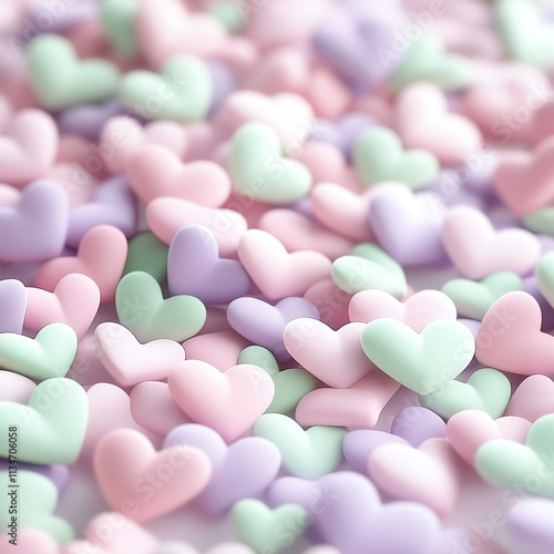 Colorful heart-shaped candies in pastel shades create a sweet, joyful atmosphere.