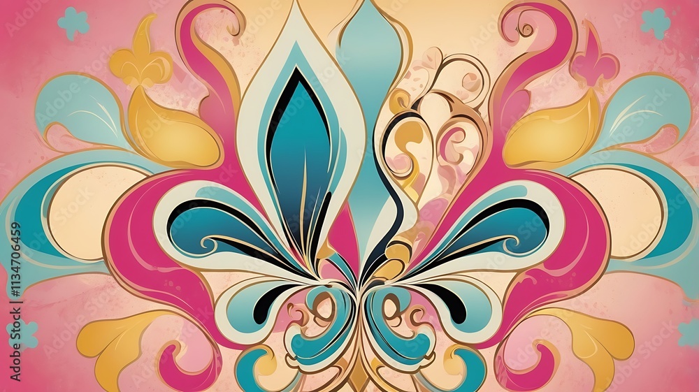 Abstract Floral Design in Vibrant Pink Teal and Gold Hues Abstract Floral Design in Vibrant Pink Teal and Gold Hues