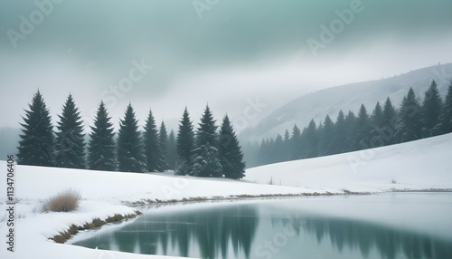 Snowy Countryside with Fir Trees, Frozen Lake, and Snowstorm - A Serene Winter Wonderland Scene