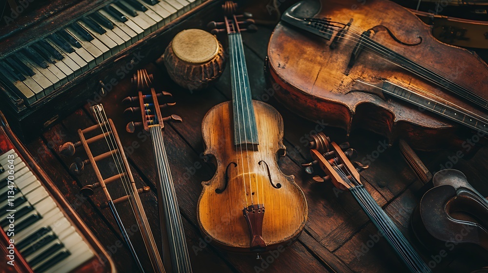 Naklejka premium Antique Stringed Instruments and Keyboards Resting on Wood