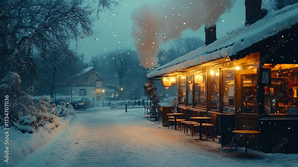 Snowy Winter Night Cafe Scene Illuminating A Cozy Atmosphere Snowy Winter Night Cafe Scene Illuminating A Cozy Atmosphere