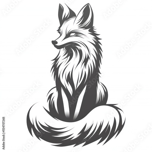 Majestic fox illustration, sitting, monochrome, detailed fur, elegant pose.