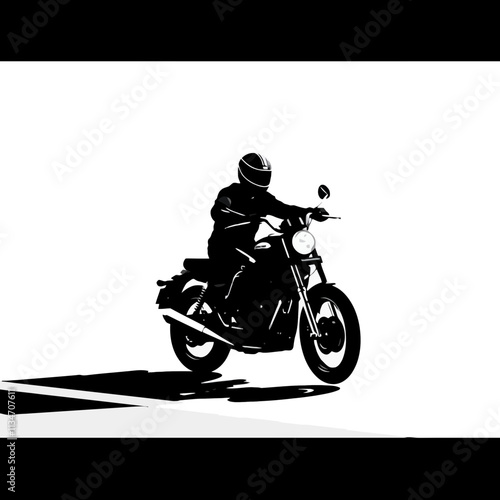 Silhouette of a biker on a motorcycle, isolated on white background.