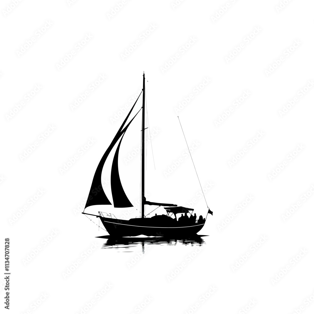 Fototapeta premium Silhouette of a sailboat with people on board, sailing on the water.