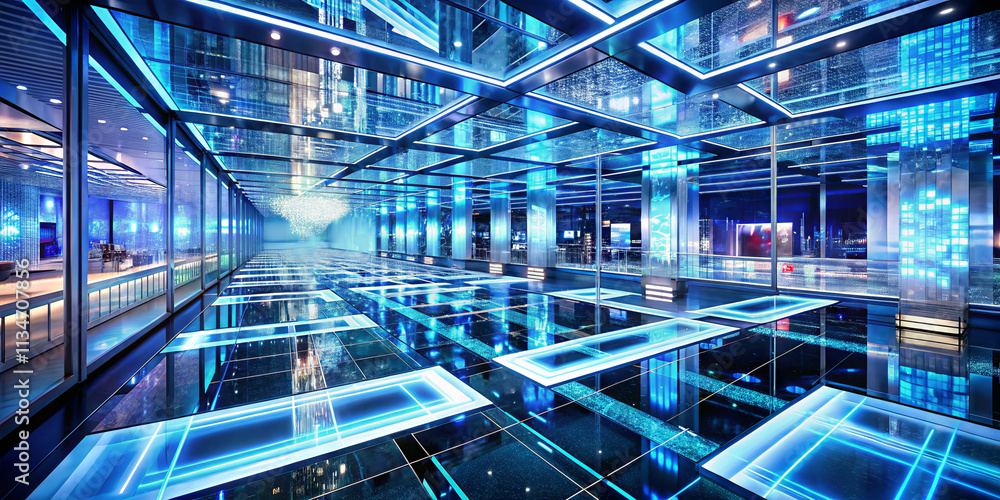 A spacious interior showcases a futuristic design with vibrant blue lighting reflecting off glossy surfaces. The scene exudes a high-tech atmosphere, ideal for events A spacious interior showcases a futuristic design with vibrant blue lighting reflecting off glossy surfaces. The scene exudes a high-tech atmosphere, ideal for events