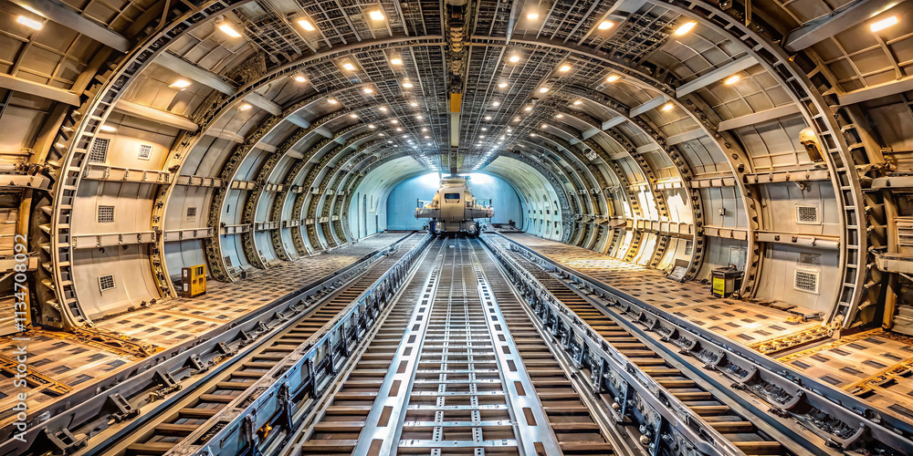 A spacious cargo aircraft interior features a well-lit loading area with metal tracks. The design supports heavy freight transport with ample space for large equipment A spacious cargo aircraft interior features a well-lit loading area with metal tracks. The design supports heavy freight transport with ample space for large equipment