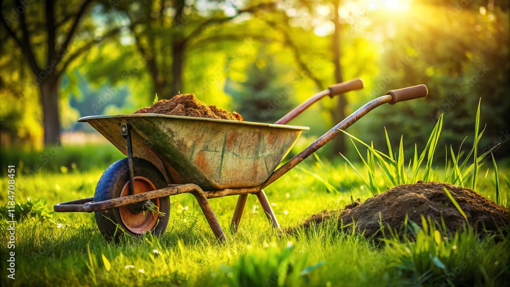 Old Wheelbarrow on Lush Green Grass, Close-Up Side View, Rustic Garden Tool, Soil & Shovel, Vintage Farm Equipment, Weathered Metal Old Wheelbarrow on Lush Green Grass, Close-Up Side View, Rustic Garden Tool, Soil & Shovel, Vintage Farm Equipment, Weathered Metal
