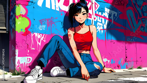 Anime Girl Posing Against Vibrant Graffiti Wall Urban Street Art Scene