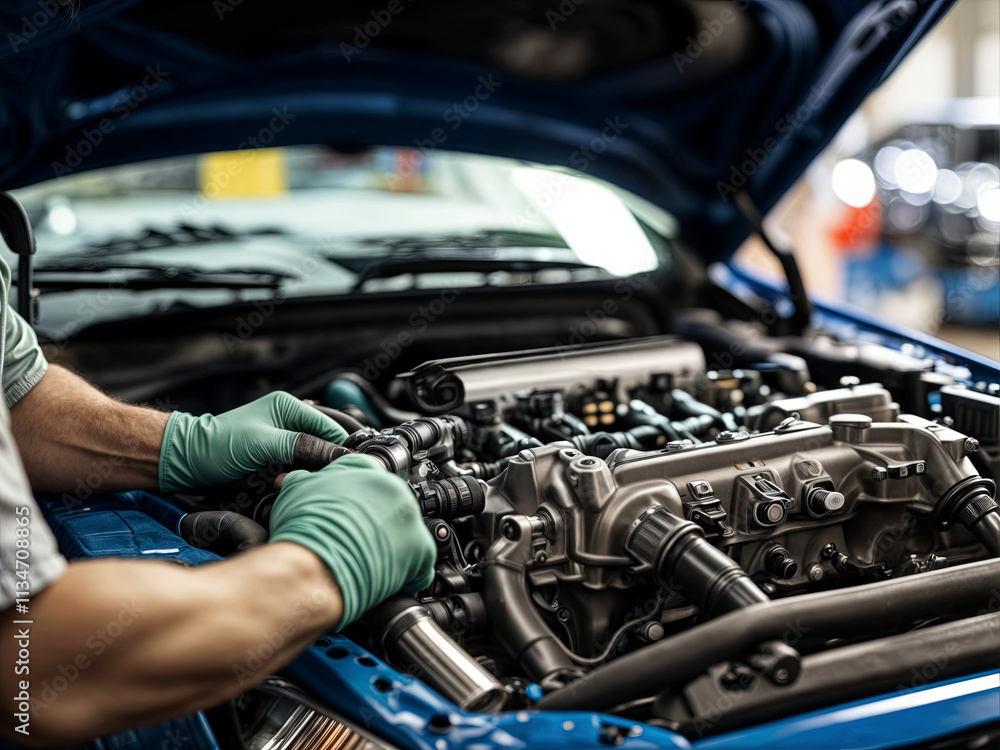 A technician in gloves works diligently on a car engine in a well-lit workshop. Tools are nearby while the engine parts are meticulously examined and adjusted for optimal performance A technician in gloves works diligently on a car engine in a well-lit workshop. Tools are nearby while the engine parts are meticulously examined and adjusted for optimal performance