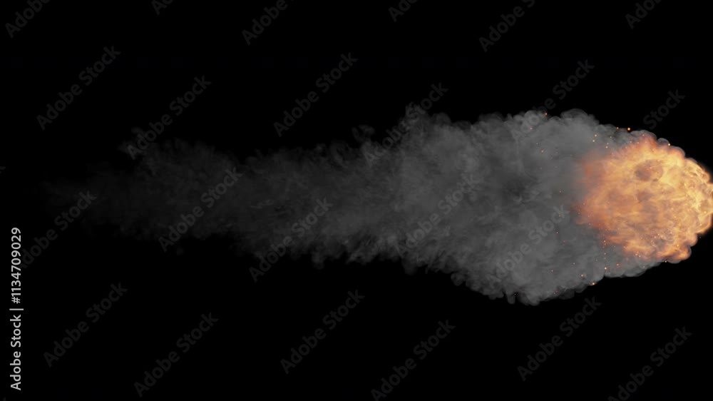 Side view animation of a meteor with fire and smoke trails moving from left to right, isolated on a transparent alpha channel background. Side view animation of a meteor with fire and smoke trails moving from left to right, isolated on a transparent alpha channel background.