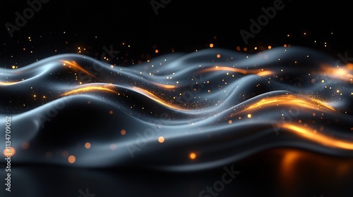 Molten metal waves flowing across black backdrop glowing highlights and smooth transitions creating an abstract fluid motion photo