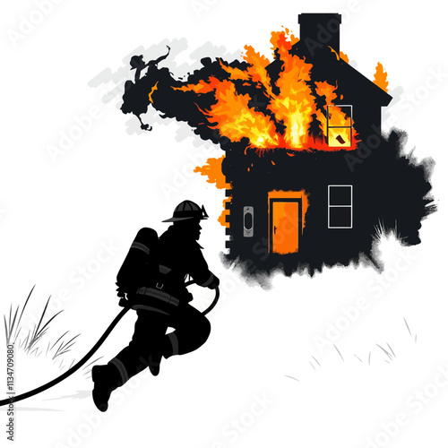 Silhouette of firefighter rushing to save a house on fire.