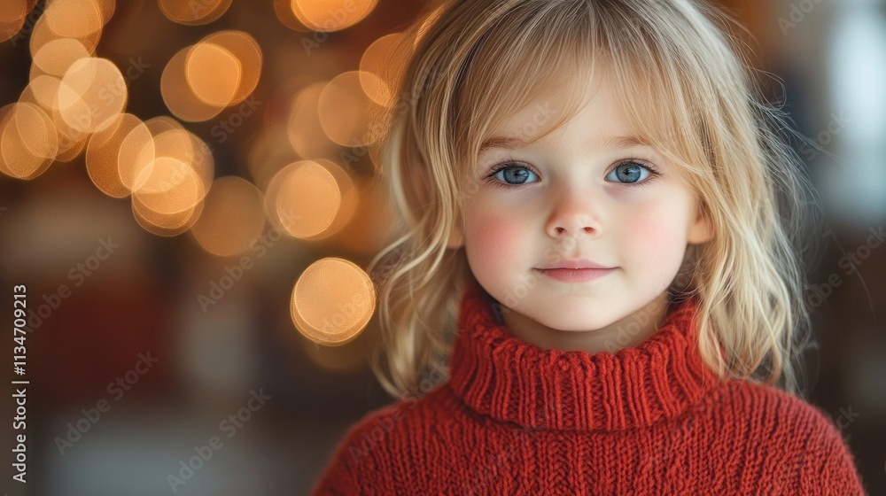 Cozy Winter Scene with Happy Little Girl in Red Sweater Smiling by Christmas Tree in Festive Living Room Cozy Winter Scene with Happy Little Girl in Red Sweater Smiling by Christmas Tree in Festive Living Room