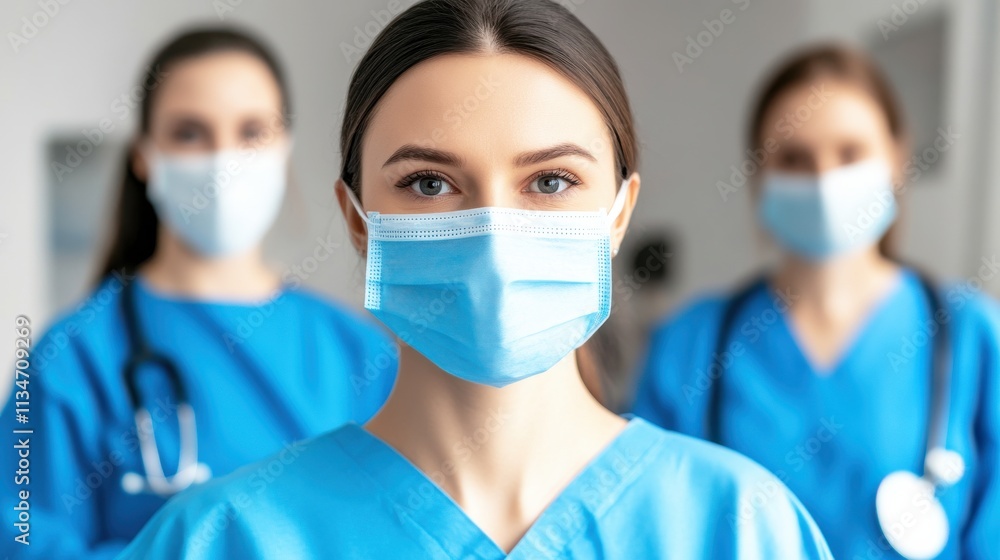 Three healthcare professionals in blue scrubs and face masks stand together, emphasizing teamwork and safety in a medical setting. Three healthcare professionals in blue scrubs and face masks stand together, emphasizing teamwork and safety in a medical setting.