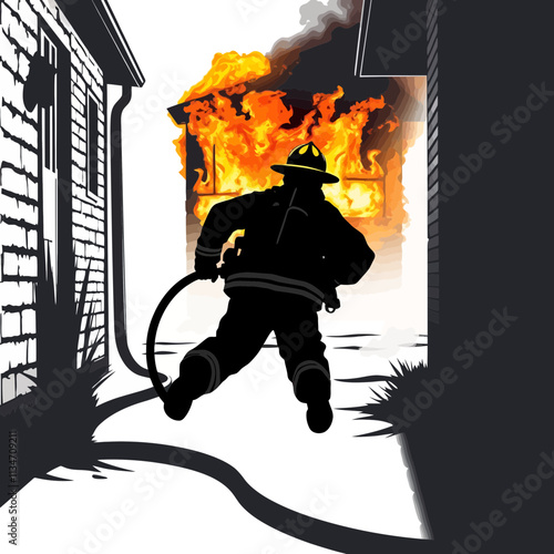 Silhouette of a fireman battling a house fire.