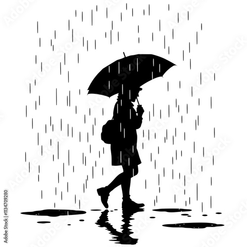 Silhouette of a person walking with an umbrella in the rain.