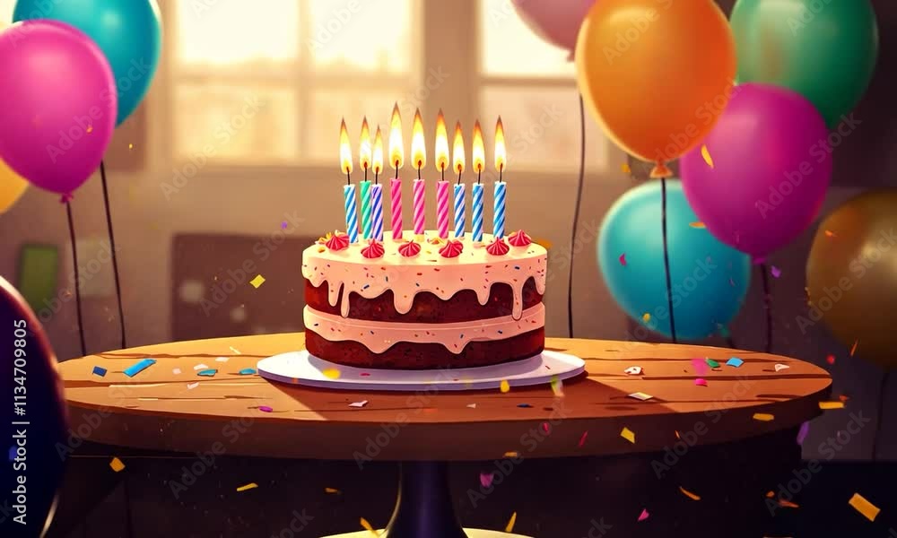 Birthday cake with burning candles colorful celebration balloons background. Celebration video background.