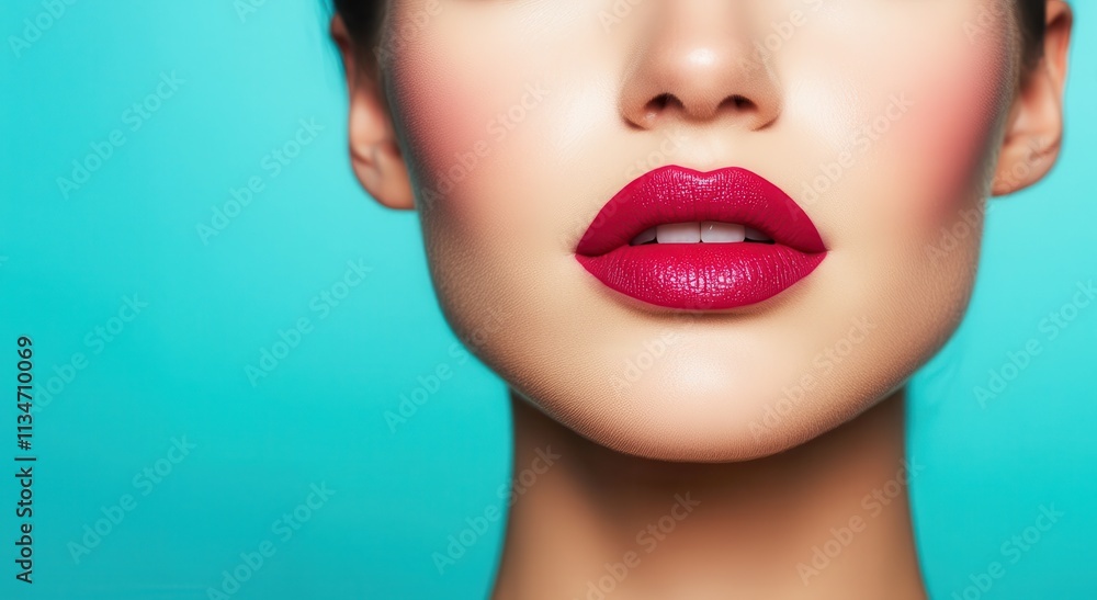 A close-up of a woman's lips showcasing a bold red lipstick against a vibrant turquoise background, highlighting beauty and makeup. A close-up of a woman's lips showcasing a bold red lipstick against a vibrant turquoise background, highlighting beauty and makeup.