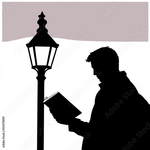 Silhouette of a man reading a book under a street lamp.