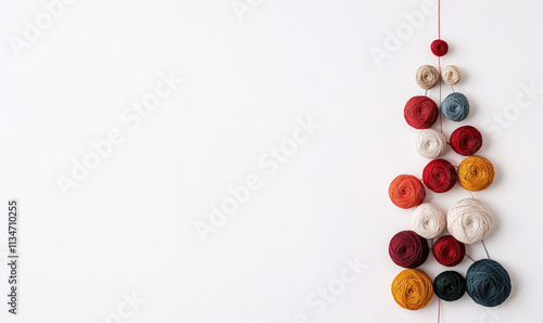 Christmas Tree Shaped Arrangement of Yarn Balls on White Background.Perfect for festive greeting cards, craft advertisements, or knitting-related holiday campaigns.