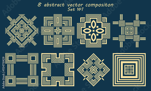 Eight abstract square compositions with various decorative additions. Vector set