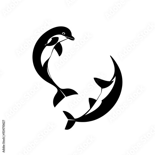 Two dolphins swimming in a circle. Silhouette of dolphins in a creative design.