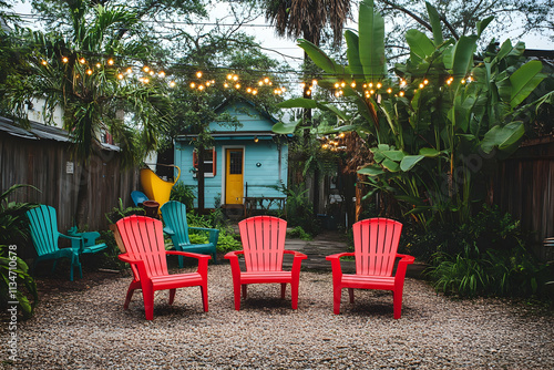 Colorful chairs in a tropical courtyard garden with string lights and a small house. photo