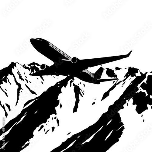 Airplane flying over a mountain range.