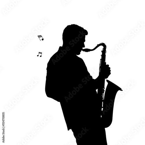 Silhouette of a saxophonist playing music with musical notes in the air.
