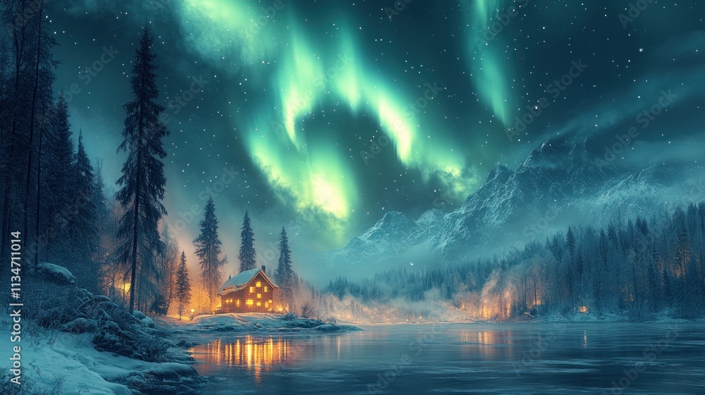 Fototapeta premium A serene winter landscape featuring a cozy cabin under the northern lights.