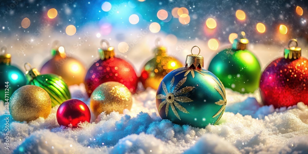 Sparkling Holiday Baubles Resting on a Blanket of Fresh Snow, Illuminated by a Festive Glow of String Lights Sparkling Holiday Baubles Resting on a Blanket of Fresh Snow, Illuminated by a Festive Glow of String Lights