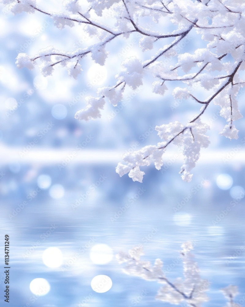 Enchanting Winter Landscape With Snow-Covered Branches Reflecting in Serene Water Enchanting Winter Landscape With Snow-Covered Branches Reflecting in Serene Water