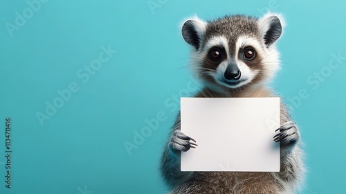 Fototapeta Naklejka Na Ścianę i Meble -  A charming animal holding a blank sign with a simple and vibrant blue background to highlight the subject 