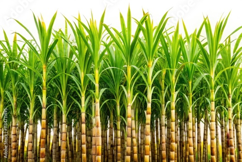 Panoramic view: isolated sugarcane stalks, stark against a pure white backdrop.