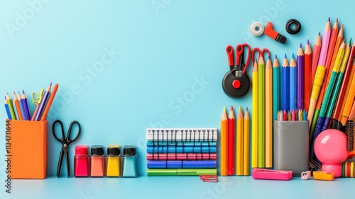 Colorful School Stationery Flat Lay on Light Blue Background with Scissors, Pencils, Markers, Paper Clips, and Notebook