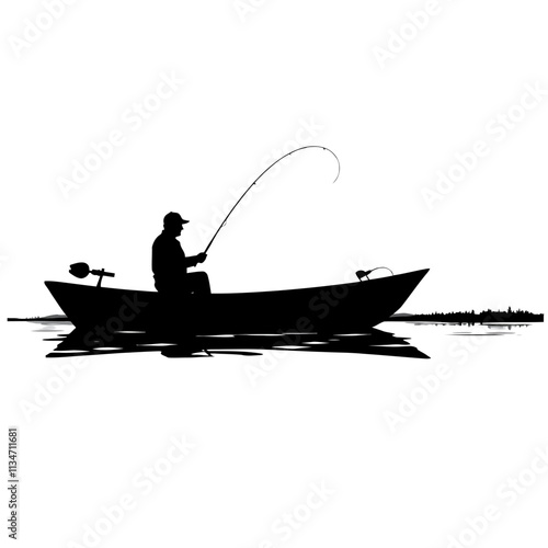 Silhouette of a man fishing on a boat with a curved fishing rod