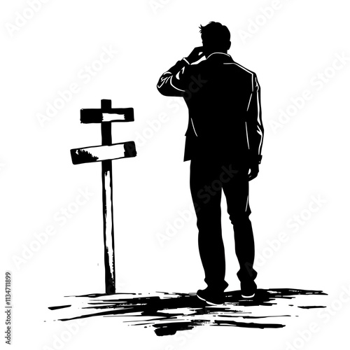 Silhouette of man at crossroads making decision