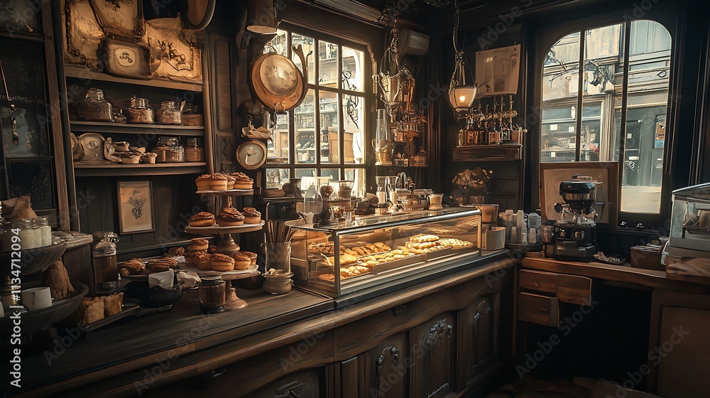 A quaint old bakery shop filled with pastries and antique furnishings A quaint old bakery shop filled with pastries and antique furnishings