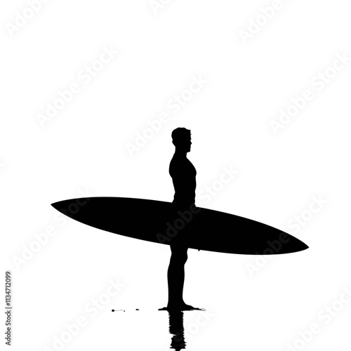 Silhouette of a surfer with his surfboard in the water