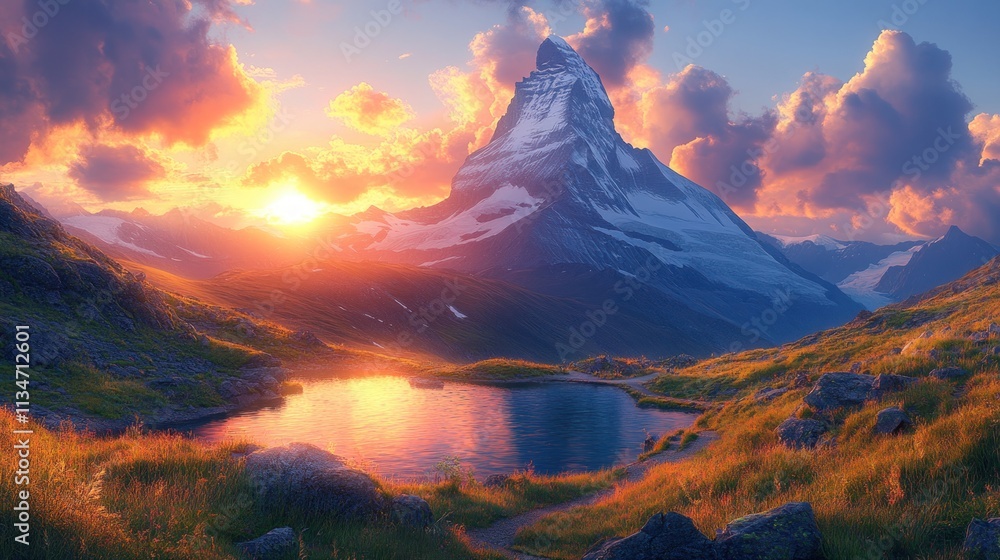 Majestic mountain peak at sunset, reflected in a serene alpine lake. Majestic mountain peak at sunset, reflected in a serene alpine lake.
