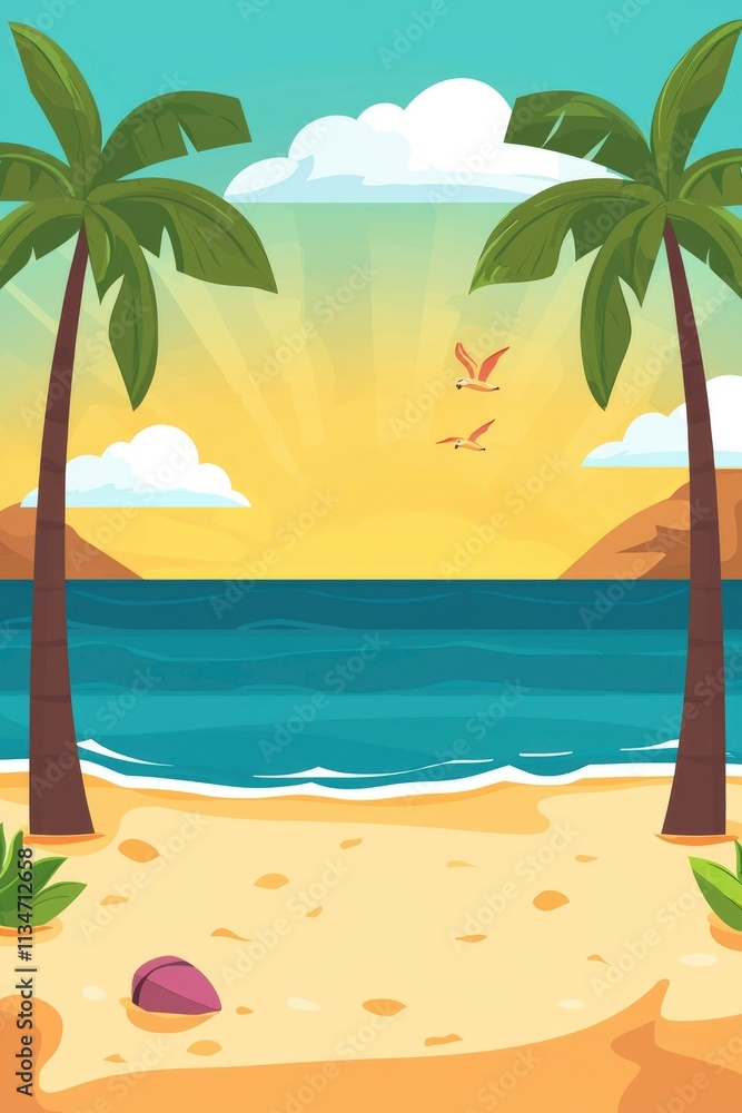 Tropical Beach Scene With Palm Trees Ocean And Birds Tropical Beach Scene With Palm Trees Ocean And Birds