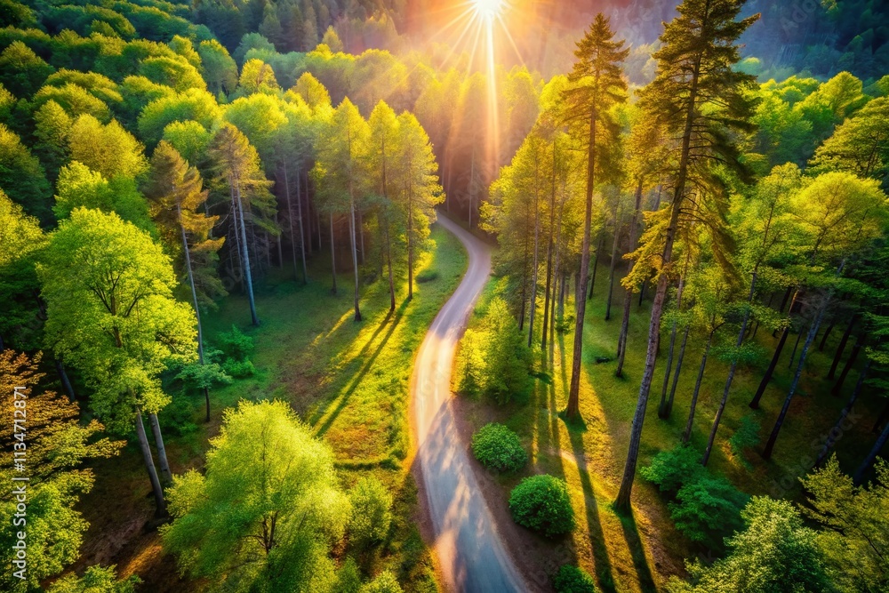 Obraz premium Breathtaking Aerial View of a Serene Forest Path Surrounded by Lush Greenery and Sunlight Piercing Through the Trees, Perfect for Nature Lovers and Outdoor Enthusiasts