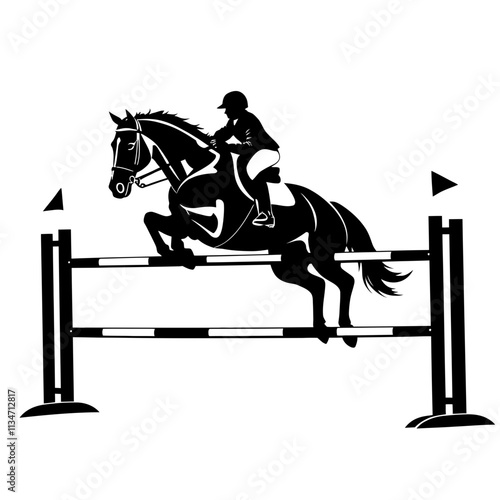 Silhouette of a horse and rider jumping a hurdle in show jumping.